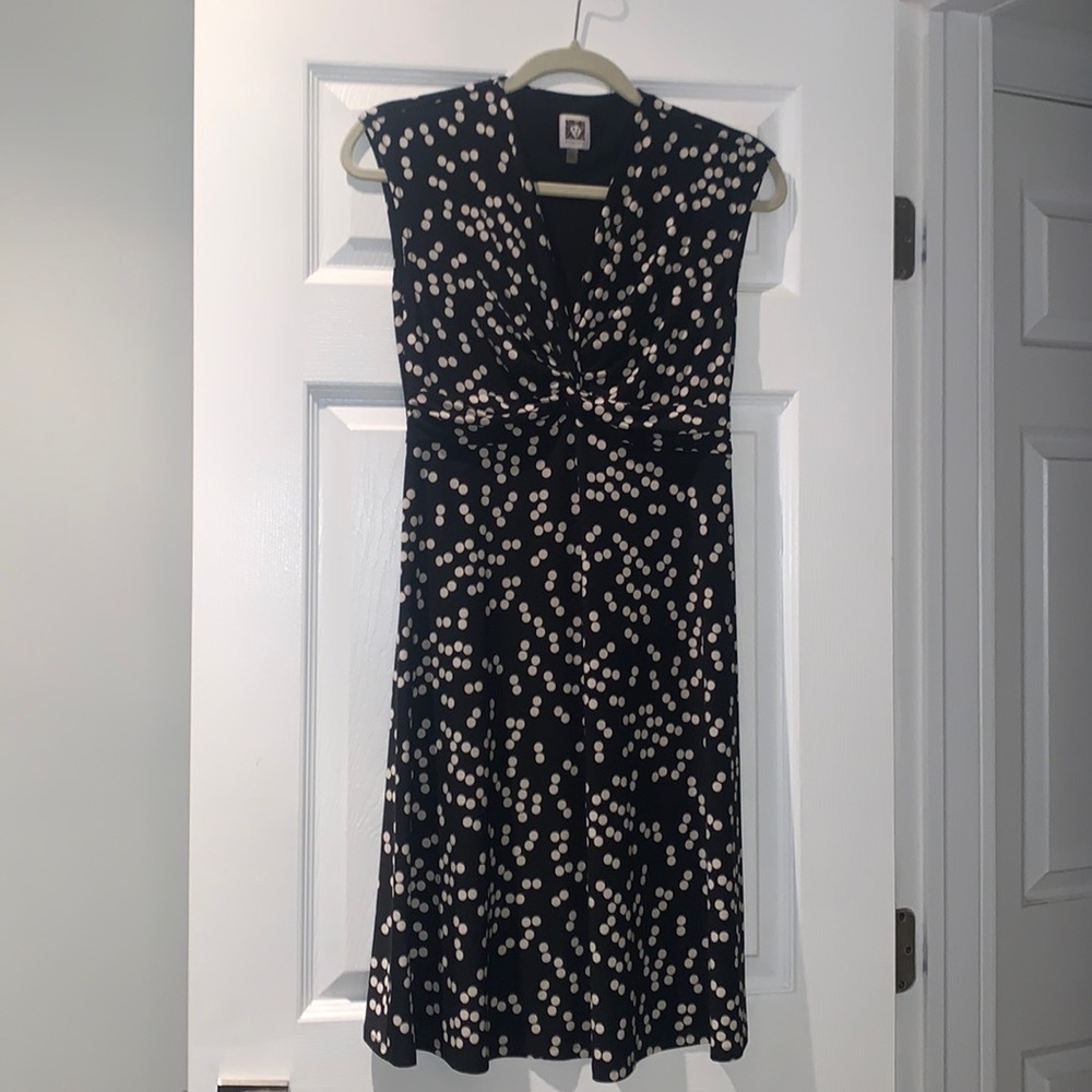 Anne Klein black and white polka dot twist front dress v neck dress XS